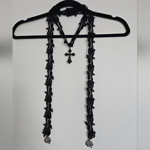 Ozzon Japan Ozz Croce Black Lace Skinny Scarf Rhinestone Cross Rose Charms